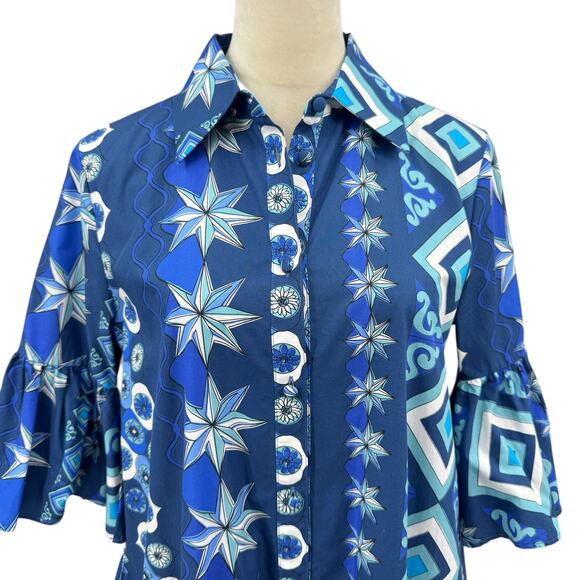 La Double J Choux Costiera Blue Print Flounce Cotton Poplin Mini Shirt Dress - Picture 7 of 16